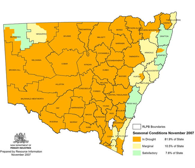  Map showing areas of NSW suffering drought conditions as at November 2007