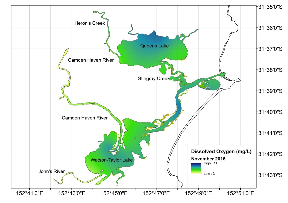 Figure 4. Heat map representing dissolved oxygen levels in the Camden Haven estuary during November 2015.