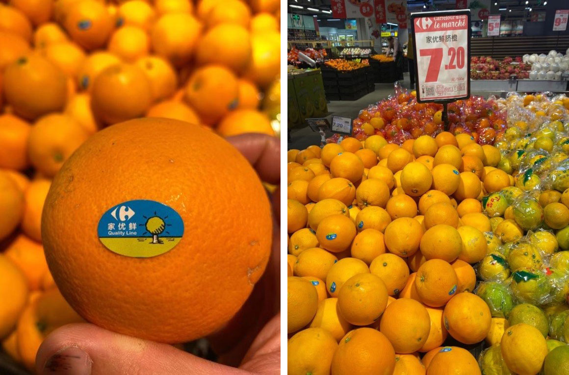Figure 3: Oranges sold in bulk shelf displays were at lower prices than guaranteed sweet brands. This display was 7.20 rmb for 500 g ($3.13 AUD/kg).