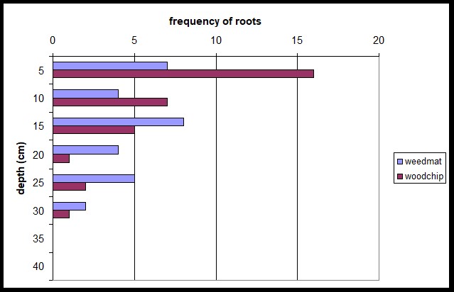 Chart shows difference in root distribution between weedmat and woodchip treatments with soil depth from 0 to 40 cm indicated on the left vertical axis, and root frequency on the horizontal axis, from 0 to  20,.