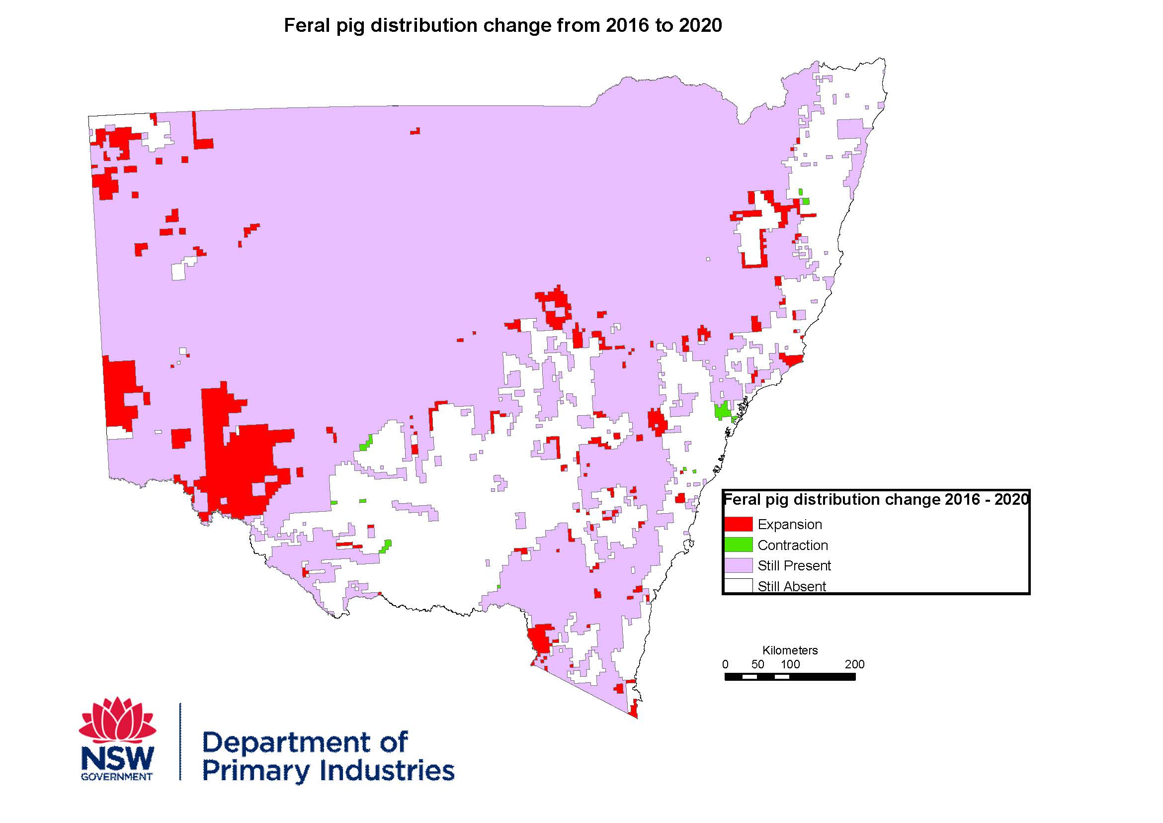 Feral pig distribution change map 2016 - 2020