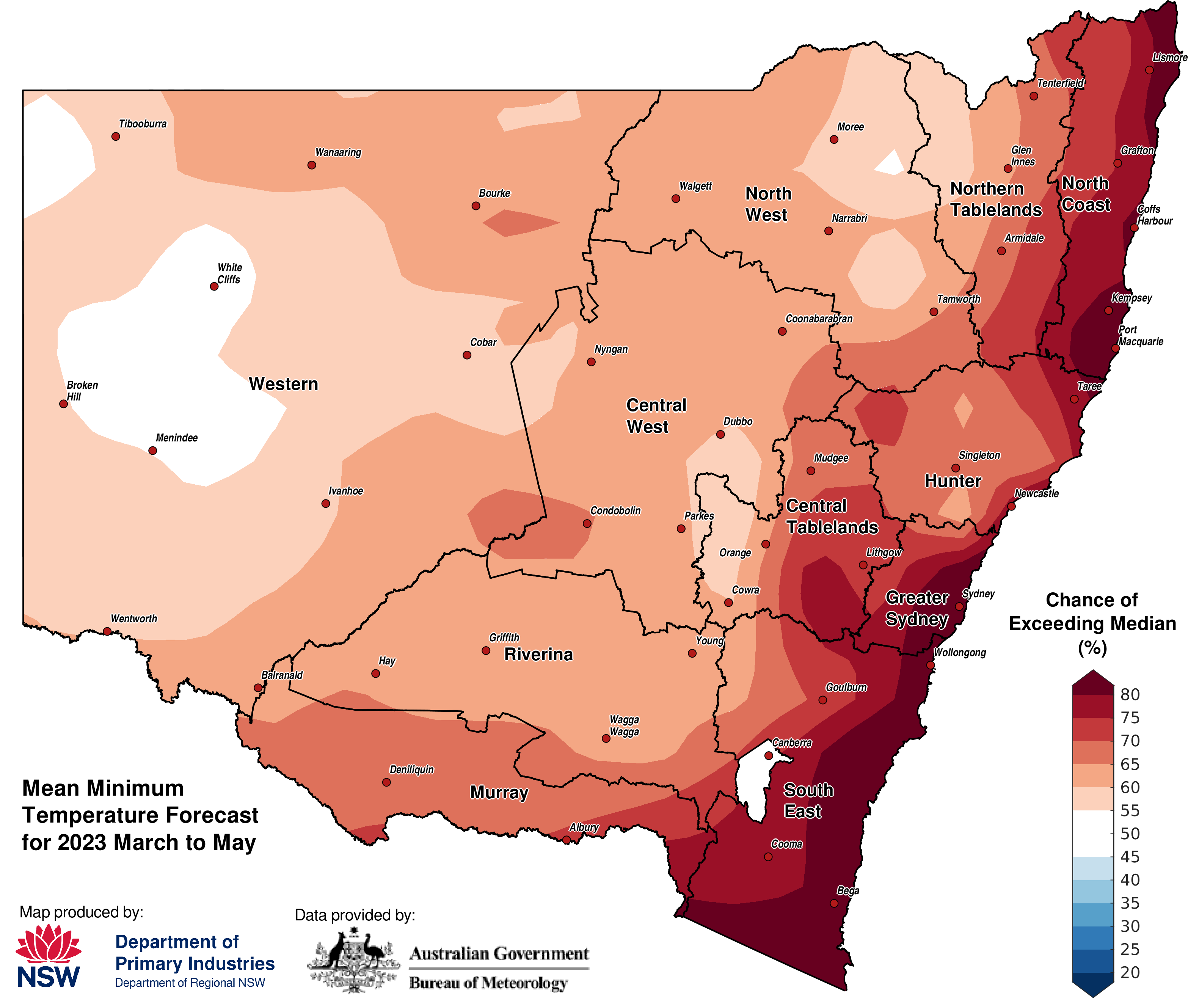 Figure 28. Seasonal average minimum temperature outlook for NSW issued on 9 February 2023