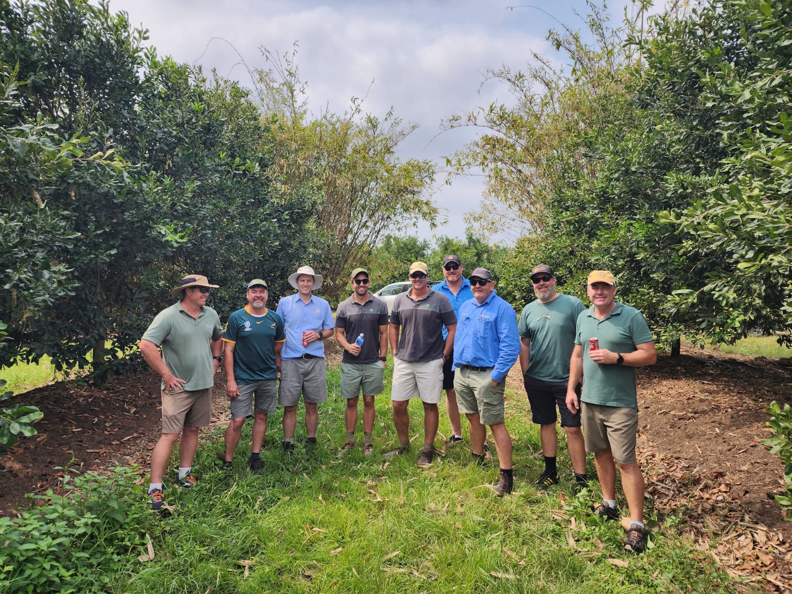 Nine men smile for the camera in the grassy strip between macadamia trees