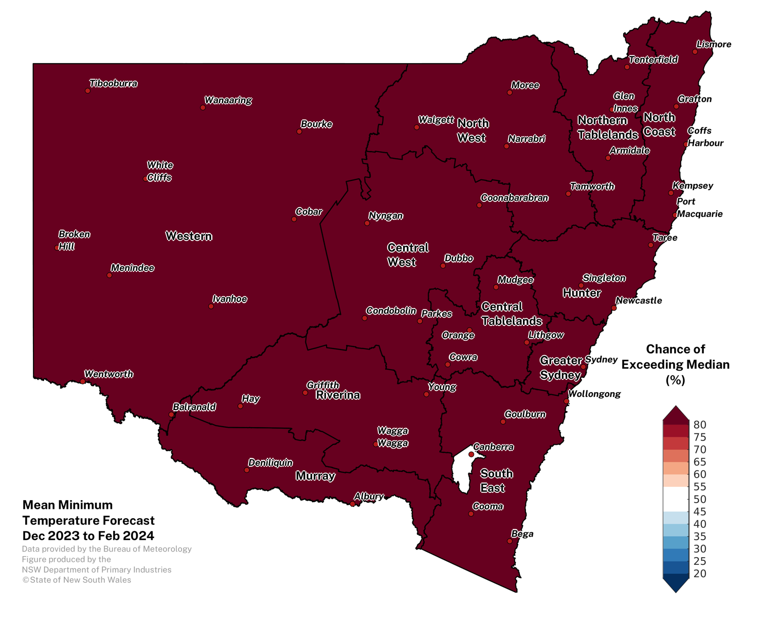 Figure 12. Seasonal average minimum temperature outlook for NSW issued on 30 November 2023 
