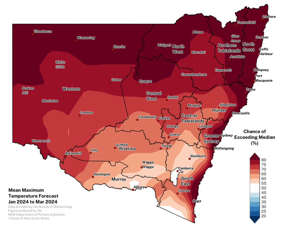 Figure 11. Seasonal average maximum temperature outlook for NSW issued on 4 January 2024