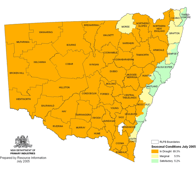 Map showing areas of NSW suffering drought conditions as at July 2005