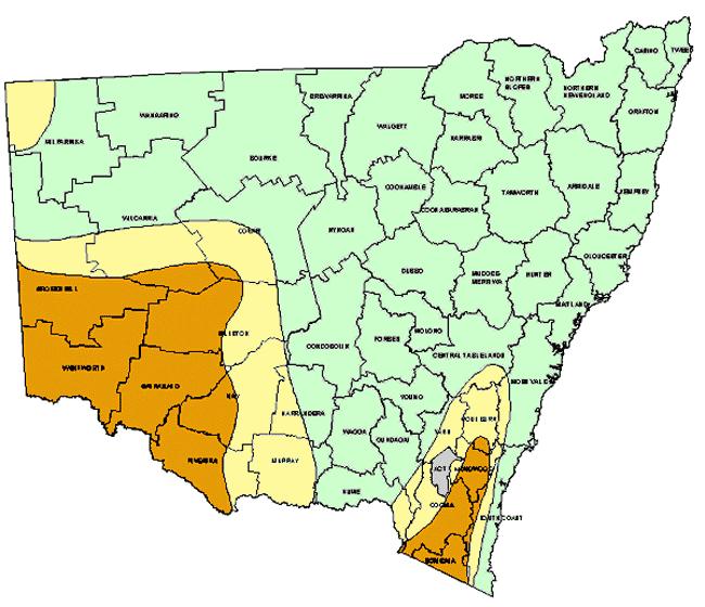 Map showing areas of NSW suffering drought conditions as at August 1998