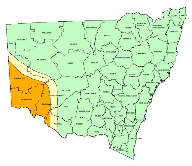 Map showing areas of NSW suffering drought conditions as at February 1999