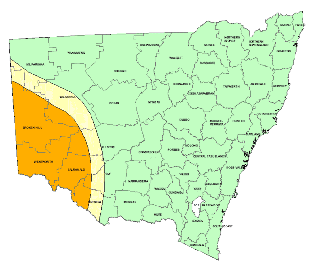 Map showing areas of NSW suffering drought conditions as at May 1999