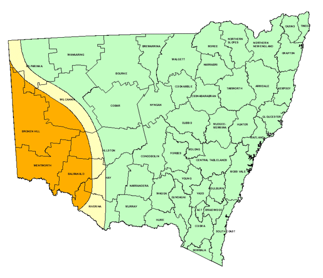 Map showing areas of NSW suffering drought conditions as at August 1999