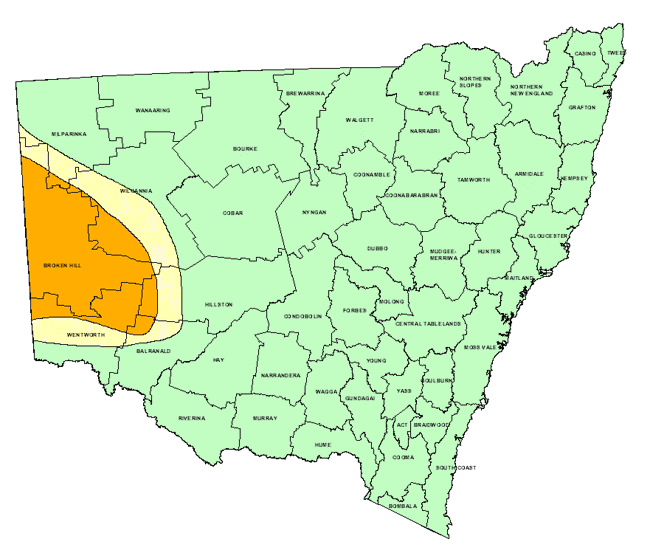 Map showing areas of NSW suffering drought conditions as at November 1999