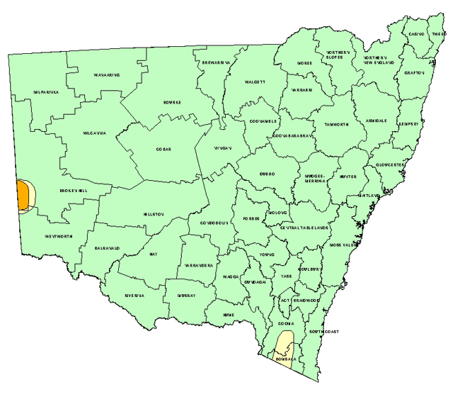 Map showing areas of NSW suffering drought conditions as at May 2000