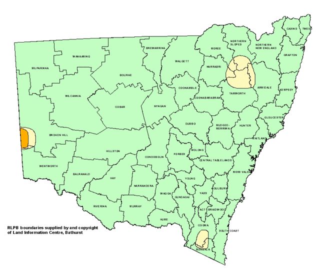 Map showing areas of NSW suffering drought conditions as at August 2000