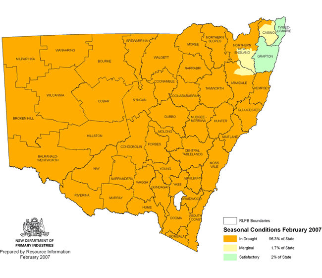 Map showing areas of NSW suffering drought conditions as at February 2007