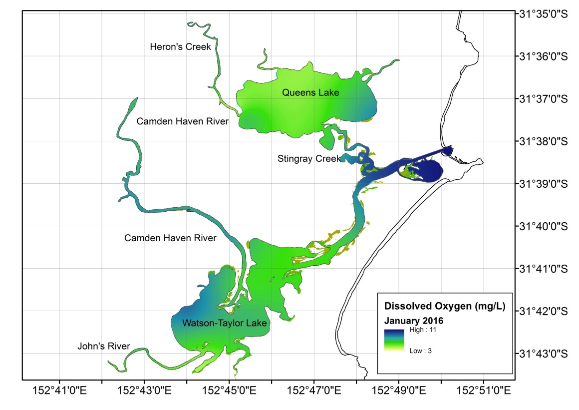 Figure 5. Heat map representing dissolved oxygen levels in the Camden Haven estuary during January 2016, following a significant freshwater inflow event.