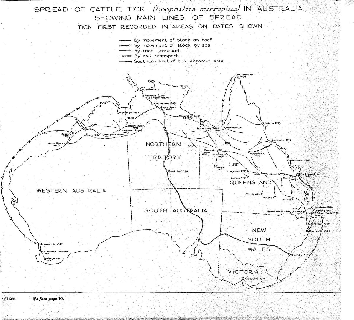 Map showing the spread of catte tick in Australia (dates shown)
