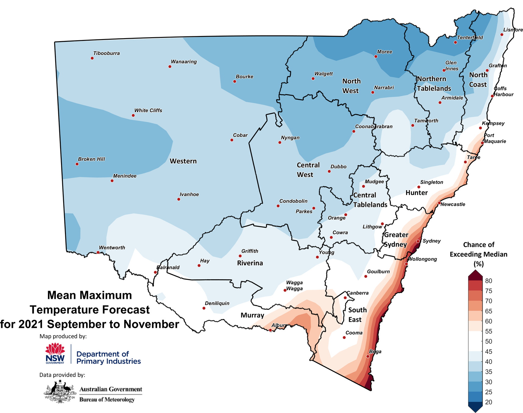 Seasonal maximum temperature outlook for NSW issued on 2 September 2021