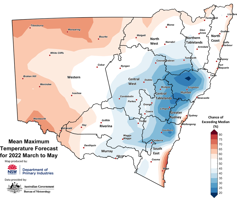 Seasonal average maximum temperature outlook for NSW for March to May 2022