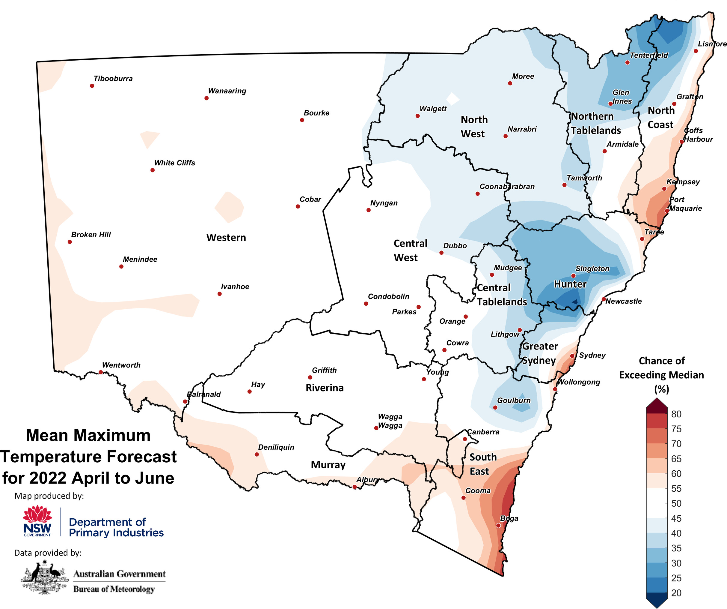 Figure 27. Seasonal average maximum temperature outlook for NSW issued on 31 March 2022