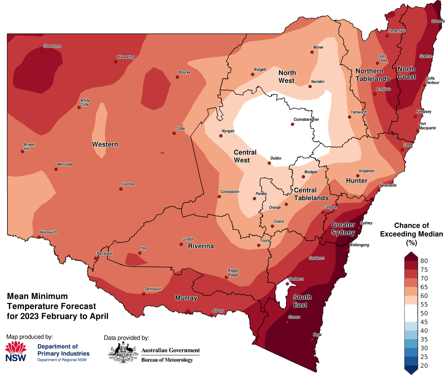 Figure 28. Seasonal average minimum temperature outlook for NSW issued on 5 January 2023