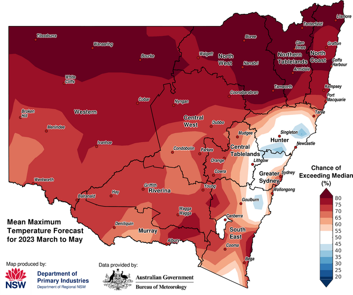 Figure 27. Seasonal average maximum temperature outlook for NSW issued on 2 March 2023