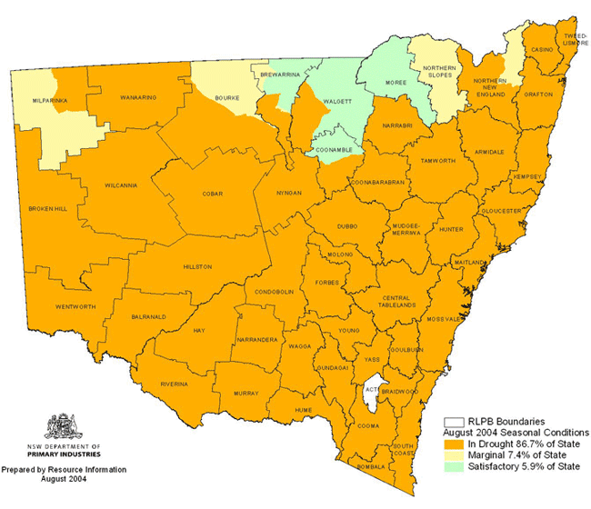 Map showing areas of NSW suffering drought conditions as at August 2004