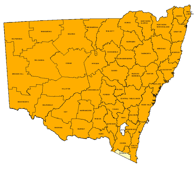 Map showing areas of NSW suffering drought conditions as at February 2003