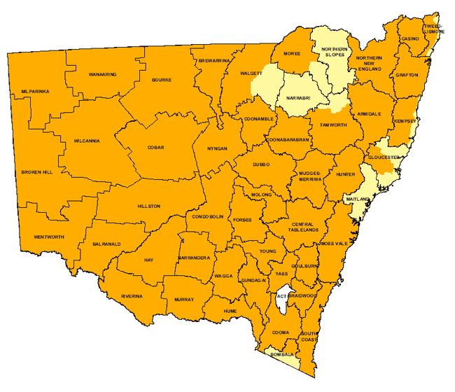Map showing areas of NSW suffering drought conditions as at May 2003