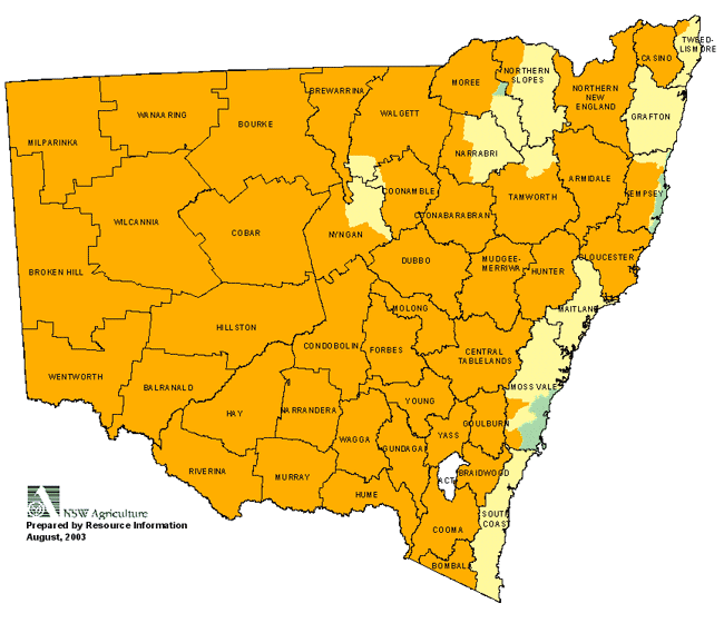 Map showing areas of NSW suffering drought conditions as at August 2003