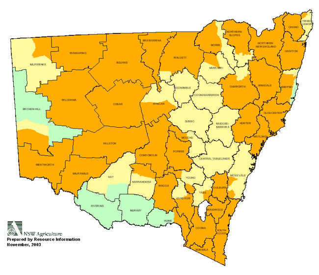 Map showing areas of NSW suffering drought conditions as at November 2003