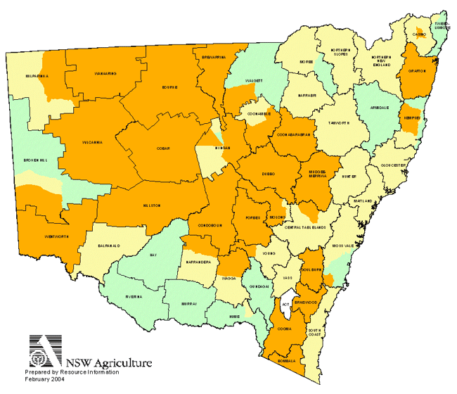 Map showing areas of NSW suffering drought conditions as at February 2004