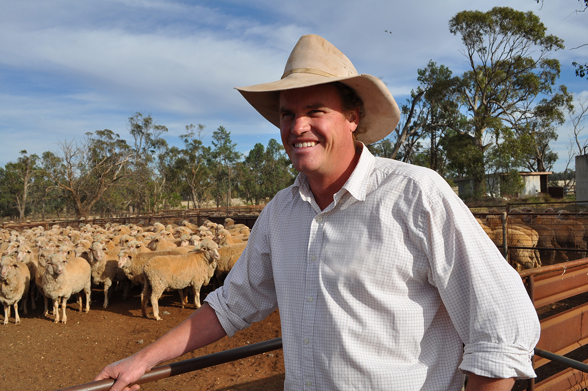 Craig Wilson standing against a fence with a flock of sheep behind him