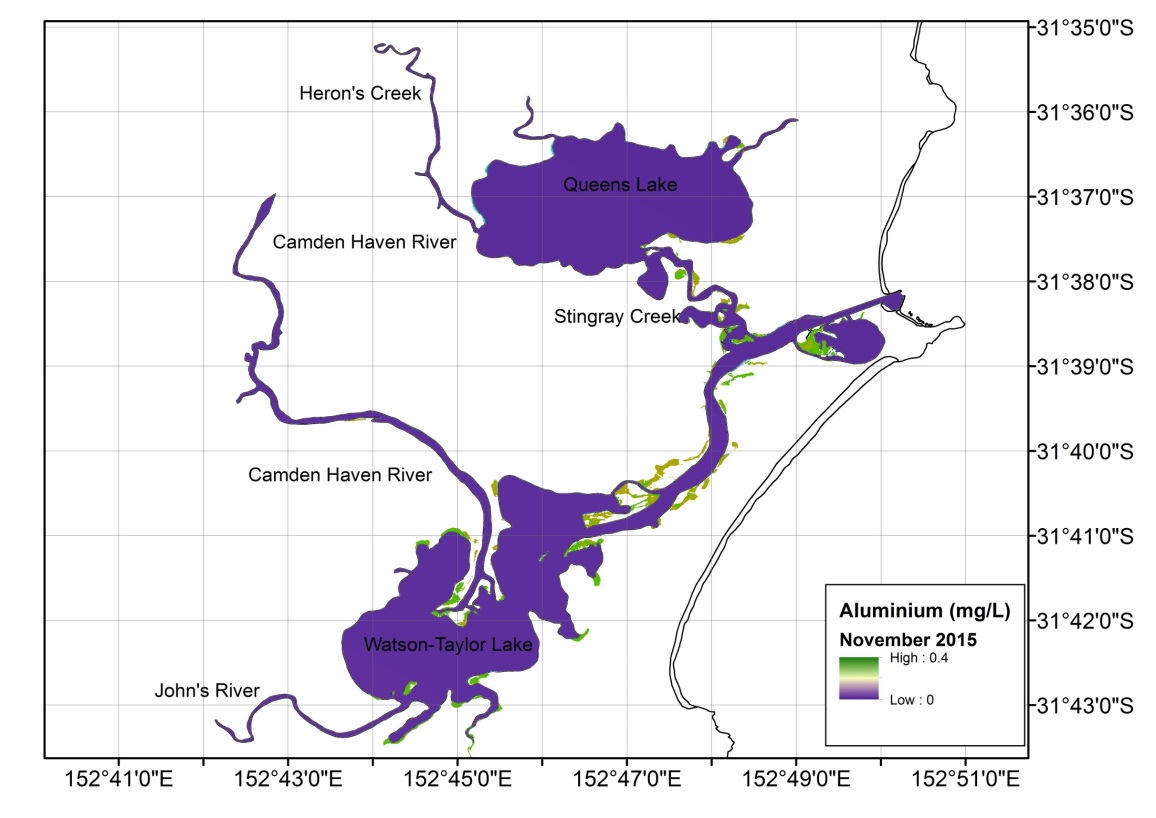 Figure 6. Heat map representing Aluminium concentrations in the Camden Haven estuary during November 2015. All tests results were low regardless of location within the estuary