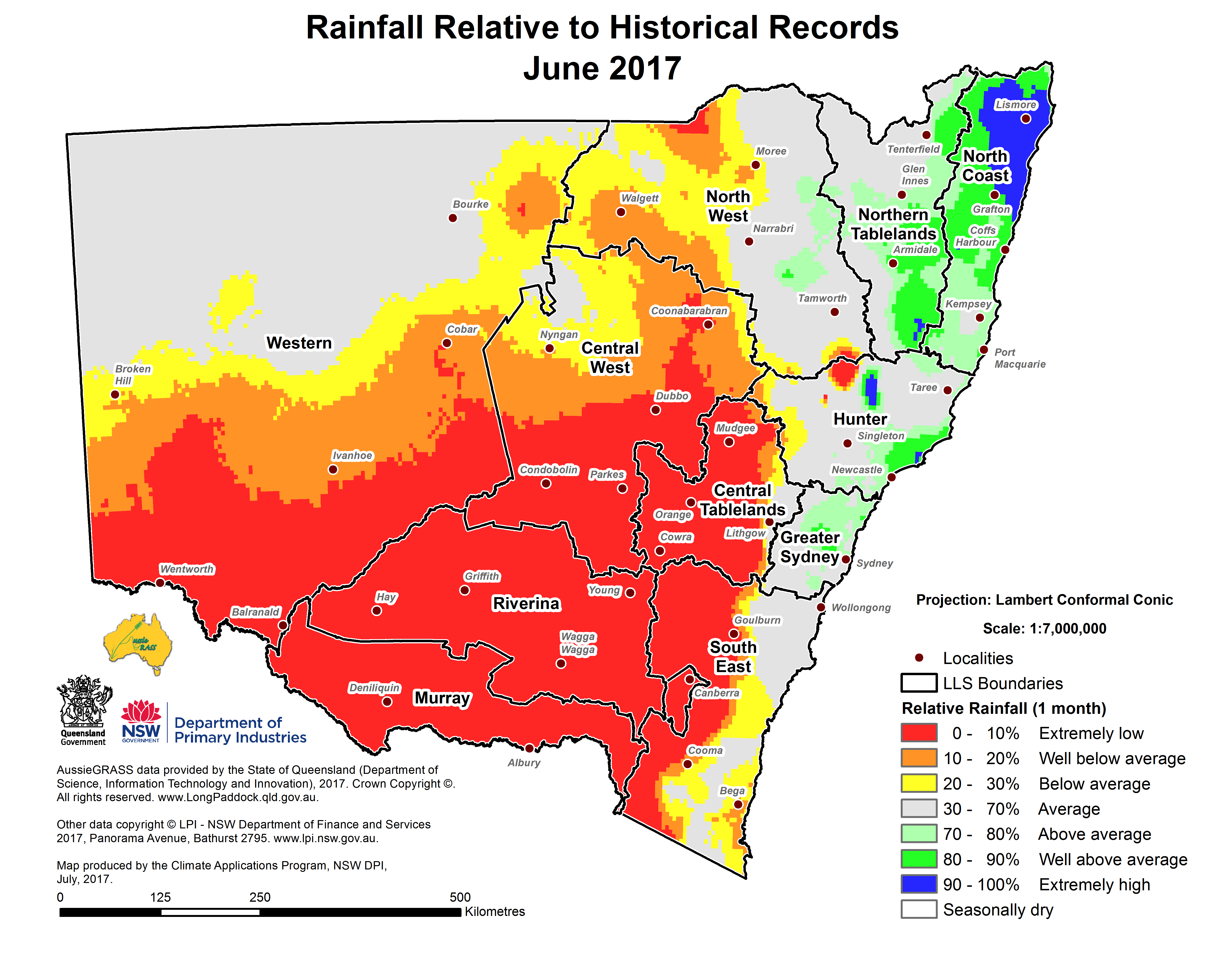 map of NSW indicating relative rainfall to historical records as at June 2017