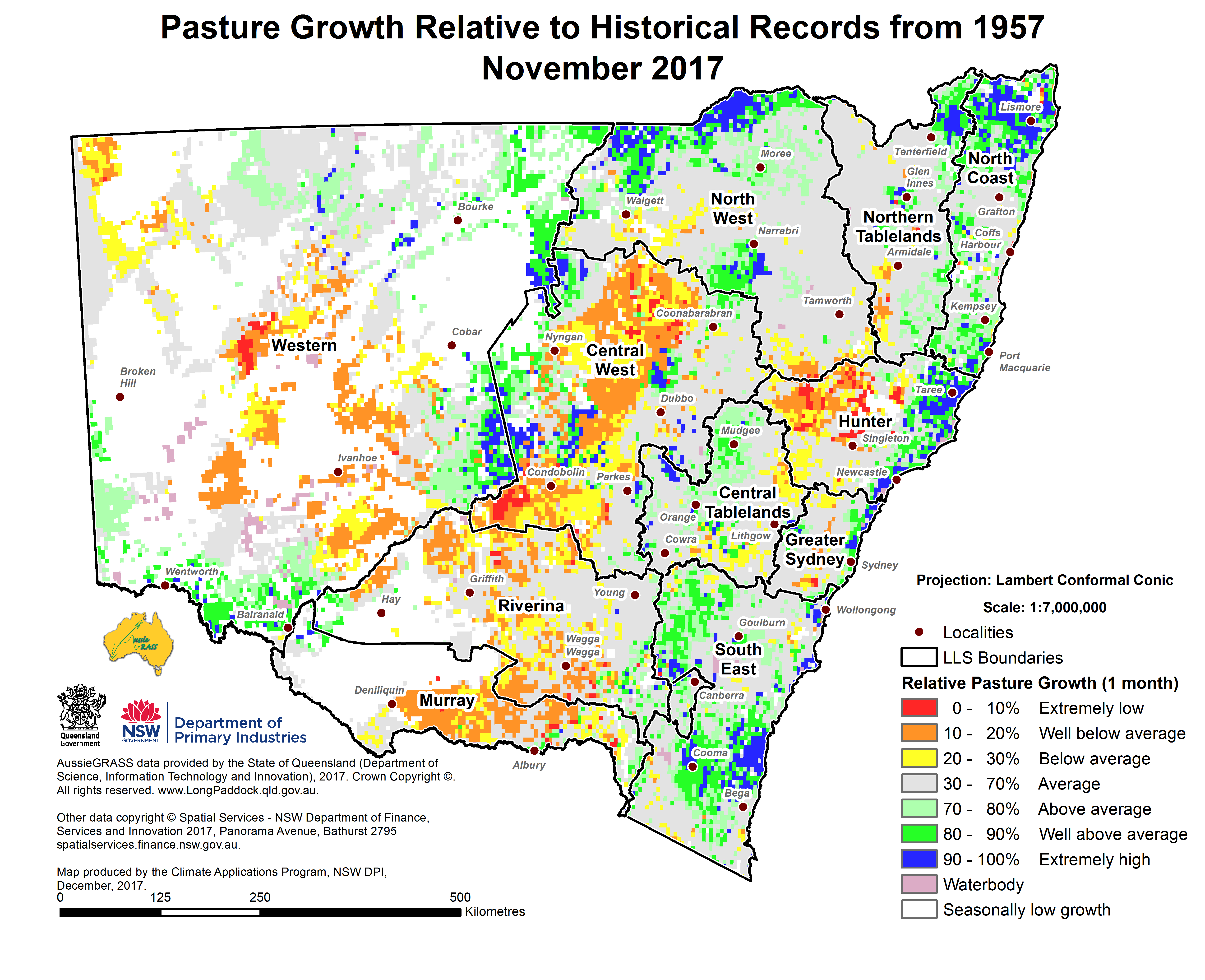 map of pasture growth relative to historical records from 1957 to November 2017