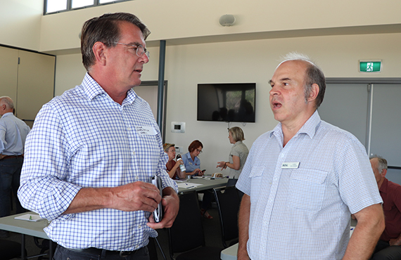 DPI Ag Researcher, Dr Lukas Van Zwieten (right) discusses Enhanced Efficiency Fertilisers with Nick Sheldrick from SABIC Australia at a Fertiliser Stewardship Group forum in Ballina.