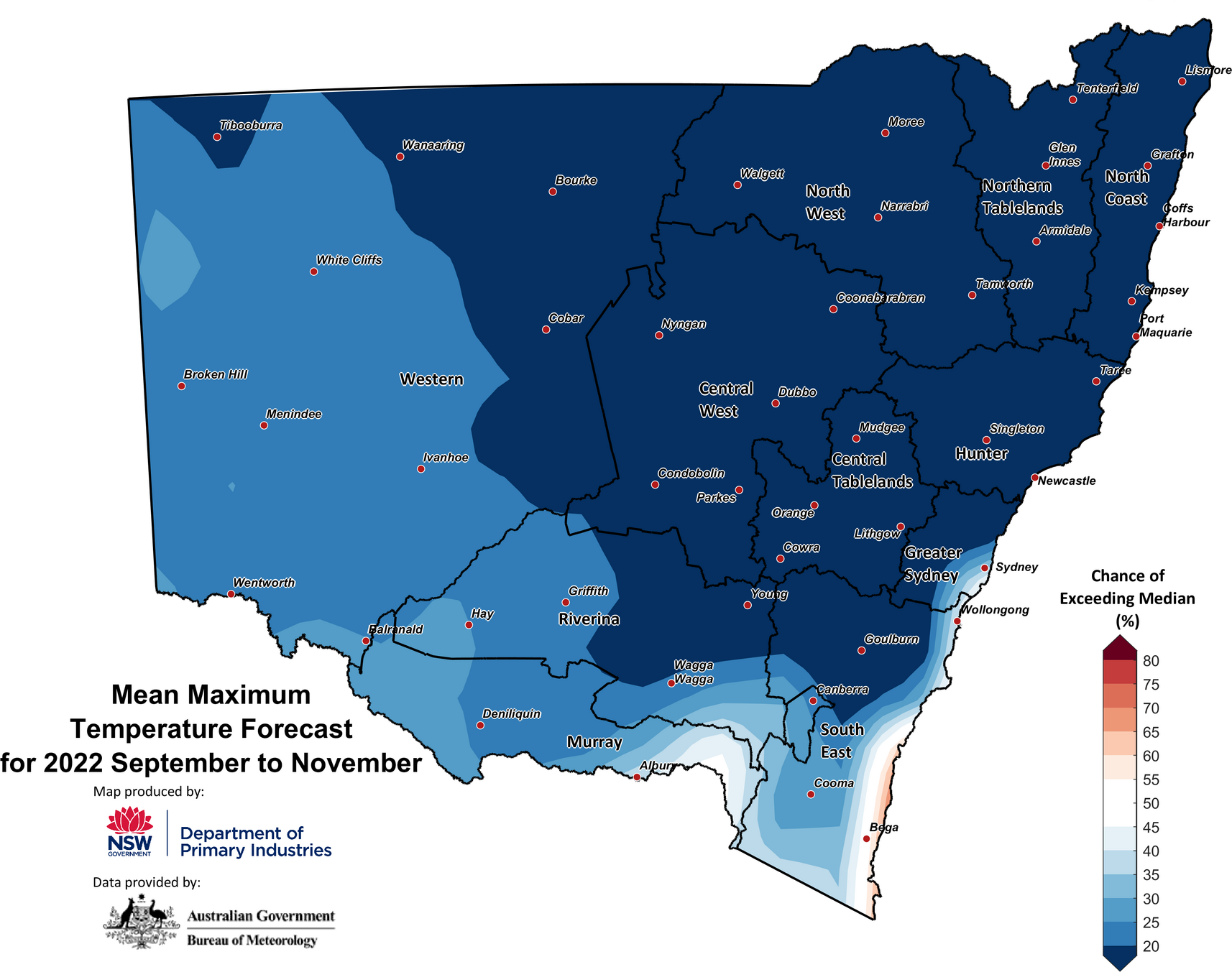Figure 27. Seasonal average maximum temperature outlook for NSW issued on 2 September 2022