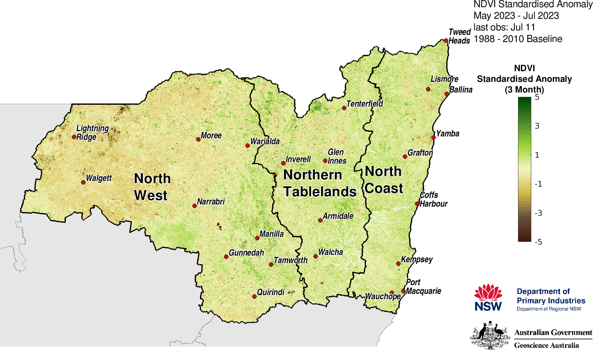 Figure 25. 3-month NDVI anomaly map for the North West, Northern Tableland and North Coast regions