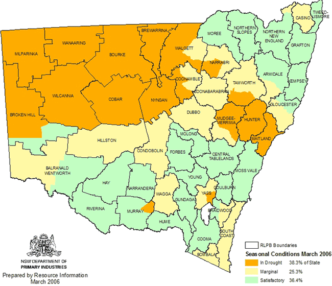 Map showing areas of NSW suffering drought conditions as at March 2006