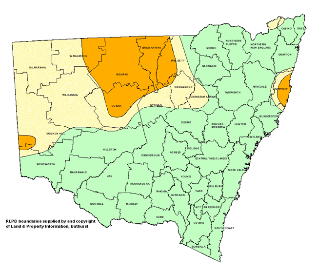 Map showing areas of NSW suffering drought conditions as at December 2001