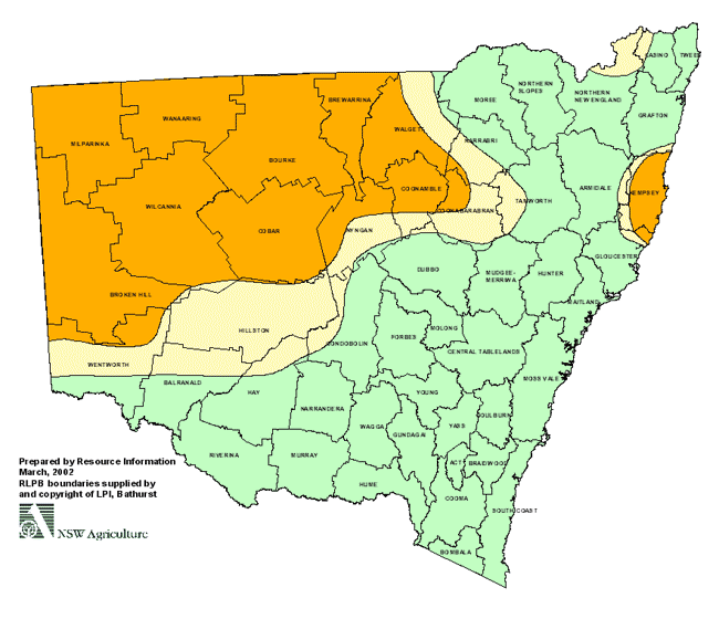 Map showing areas of NSW suffering drought conditions as at March 2002