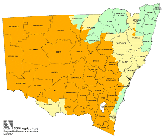 Map showing areas of NSW suffering drought conditions as at May 2004