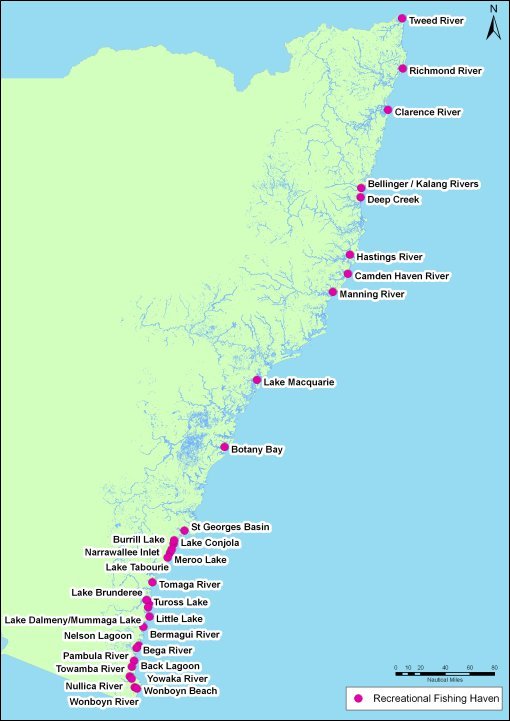 A map showing the location of NSW Recreational Fishing Havens