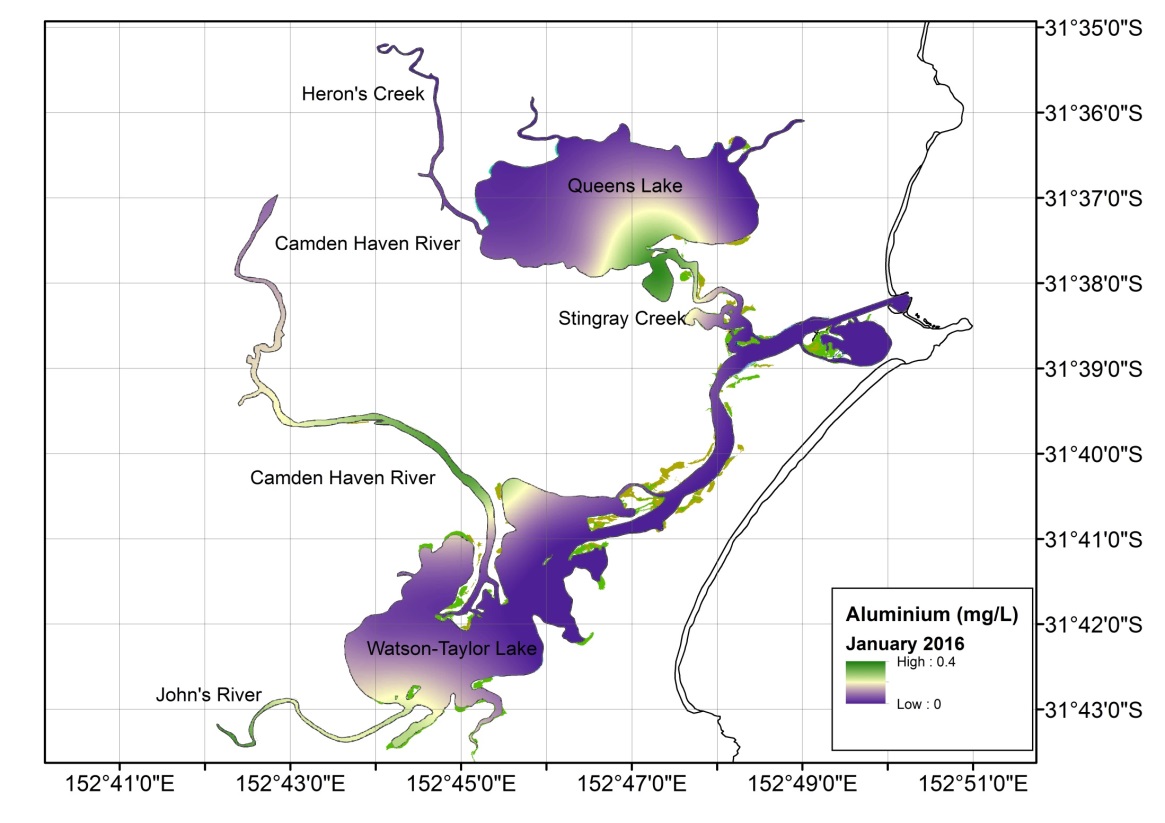Figure 7. Heat map representing Aluminium concentrations in the Camden Haven estuary during January 2016, showing peaks in Aluminium concentrations in the Camden Haven River, John’s River and Stingray Creek.