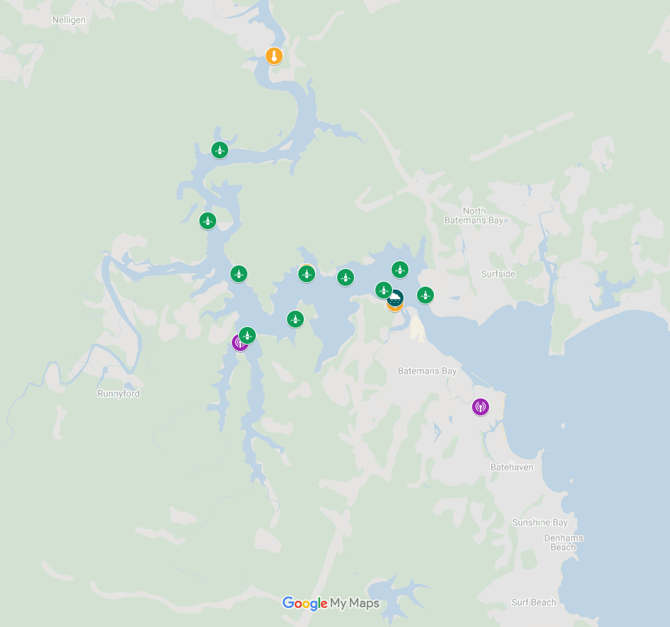 Map of network infrastructure (purple) and remote sensors (green, blue, yellow) distributed on the Clyde River near Batemans Bay, NSW.