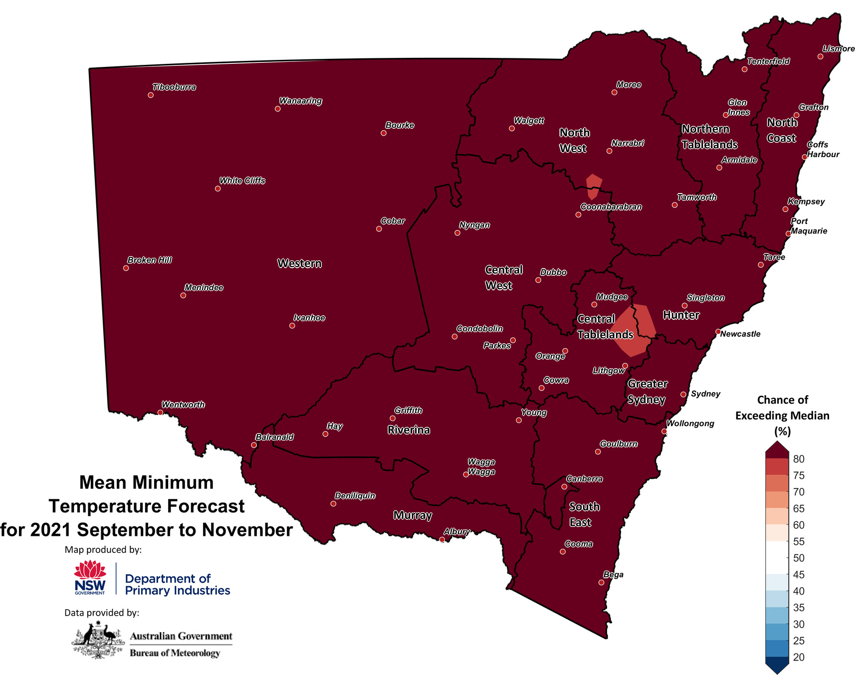Seasonal minimum temperature outlook for NSW issued on 2 September 2021