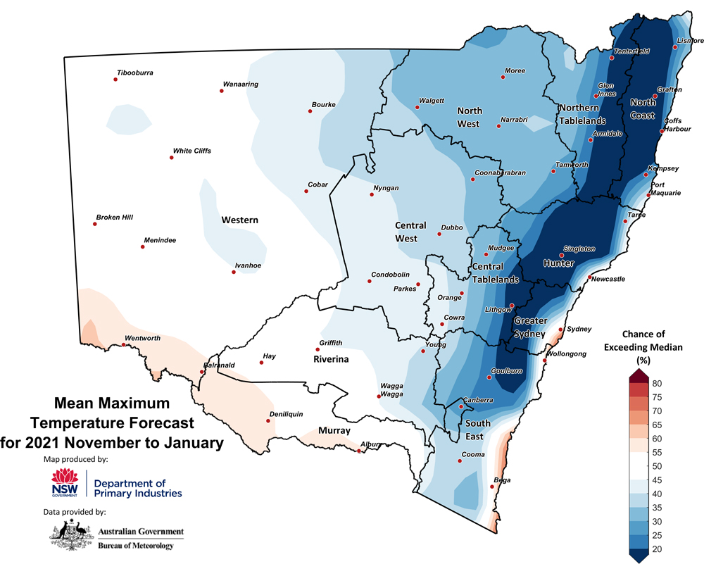 Figure 27. Seasonal maximum temperature outlook for NSW issued on 28 October 2021