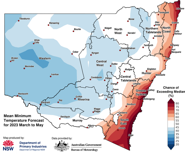 Figure 28. Seasonal average minimum temperature outlook for NSW issued on 2 March 2023