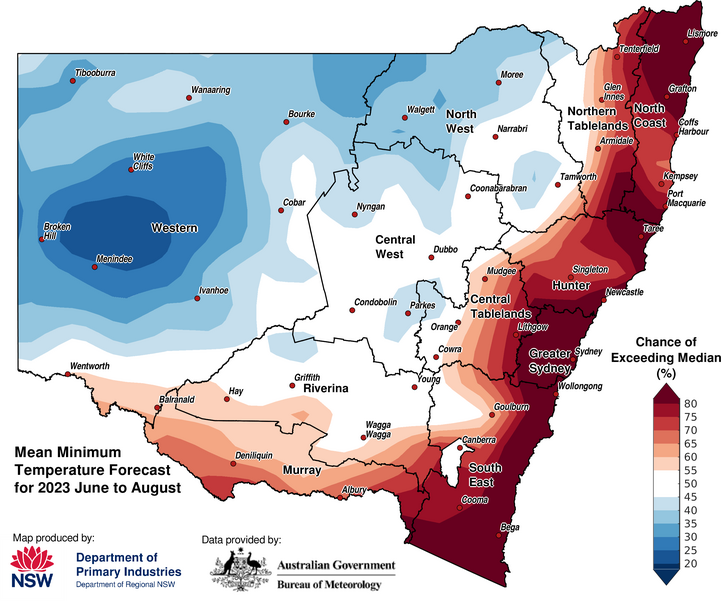 Figure 12. Seasonal average minimum temperature outlook for NSW issued on 01 June 2023