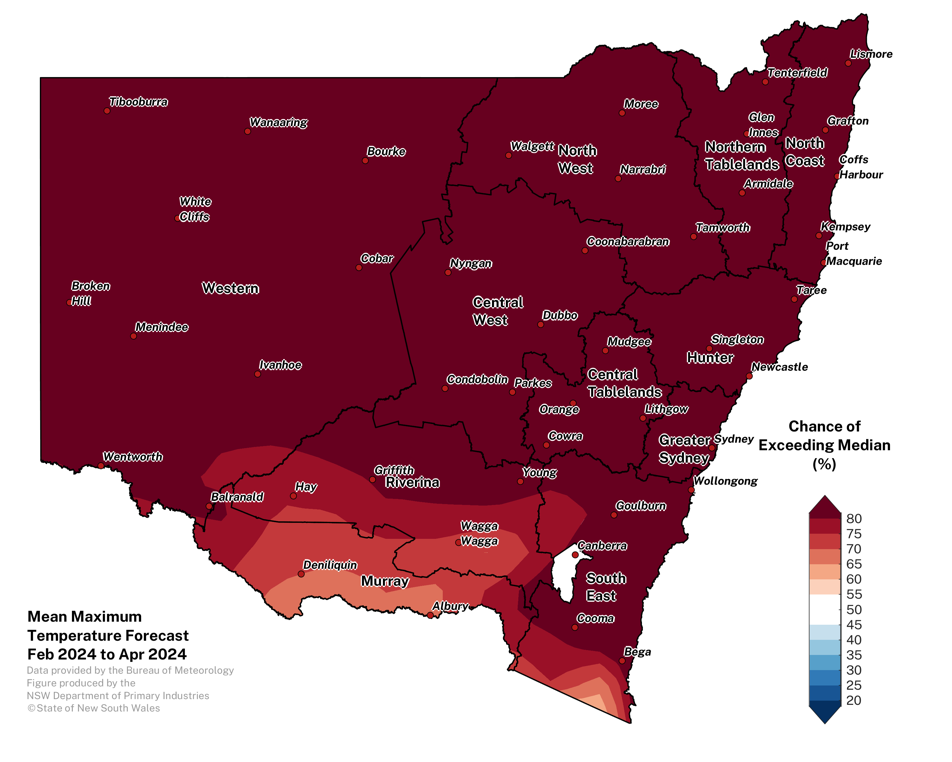 Figure 11. Seasonal average maximum temperature outlook for NSW issued on 1 February 2024